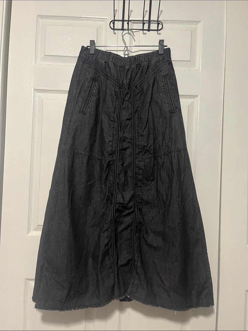NWT Ebossy Women’s Black Maxi A-Line Denim Skirt with Raised Seam Details